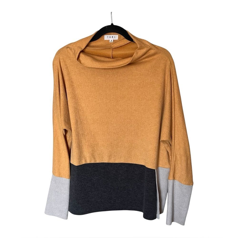 THML Multi-Color Oversize Colorblock Mock Neck Long Sleeve Shirt Top Size Medium